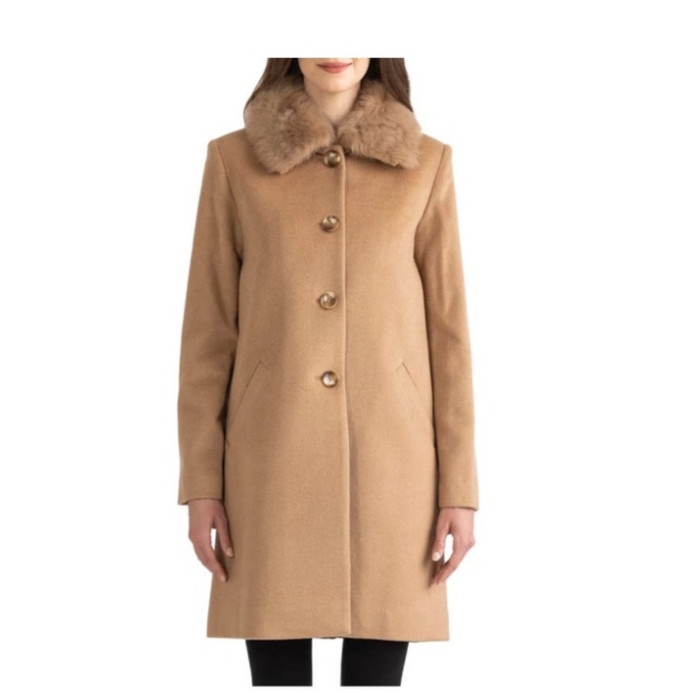 Sofia Cashmere Tan Wool Coat with Fur Collar
